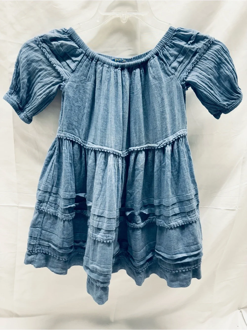 Polo Ralph Lauren Dress Girls Size 5 Chambray Blue Off Shoulder Tiered Peasant